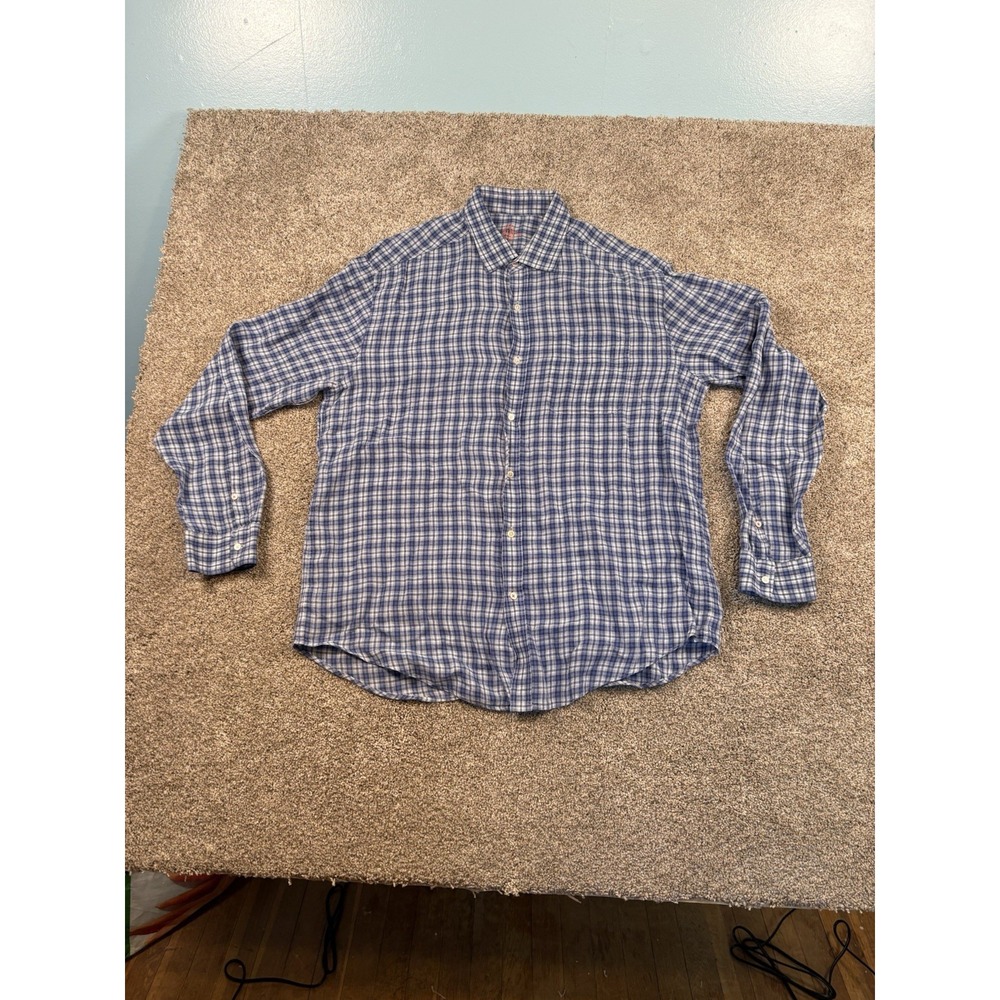J Mclaughlin Shirt Mens‎ 100% Linnen Plaid Button Up Long Sleeve Pocket Blue - Picture 3 of 8